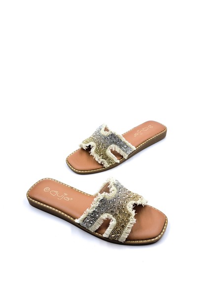 G25Y177 Düz Tabanlı Taşlı ve Püsküllü Bej Kadın Terlik modelleri