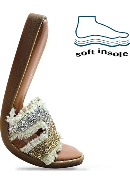 G25Y177 Düz Tabanlı Taşlı ve Püsküllü Bej Kadın Terlik fırsatları