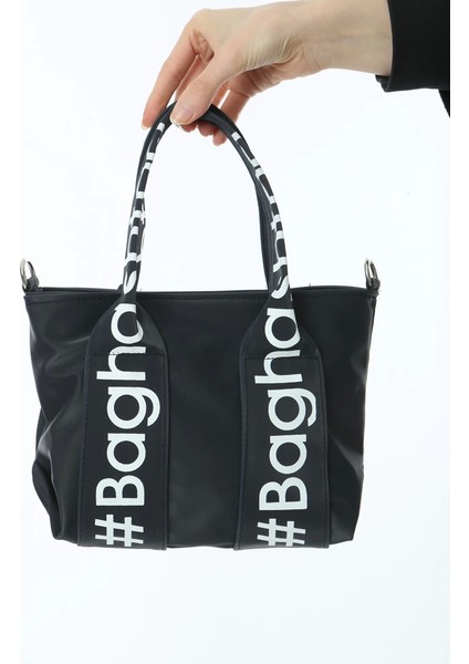 Baghashtag Siyah Mini Su Geçirmez Kulp Yazılı Tote Çanta