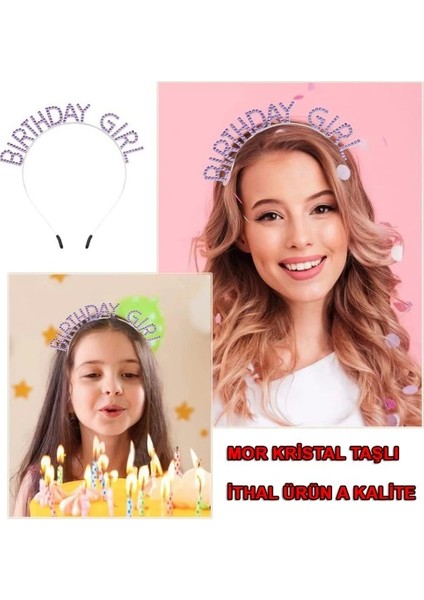 Mor Renk Kristal Taşlı Parlak Birthday Girl Yazılı Taç fiyatları