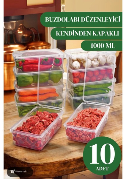 10 Adet 1 Litre Kendinden Kapaklı Derin Dondurucuya Uygun Saklama Kabı Düzenleyici (1000 Ml)