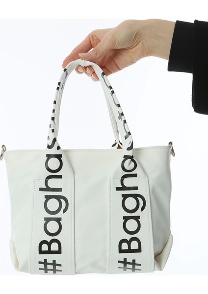 Baghashtag Beyaz Mini Su Geçirmez Kulp Yazılı Tote Çanta