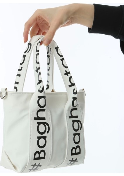 Baghashtag Beyaz Mini Su Geçirmez Kulp Yazılı Tote Çanta