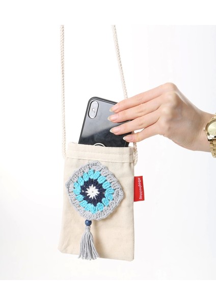 Baghashtag Mavi Desen El Işlemeli Kanvas Telefon Çantası