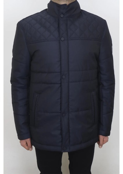 Fistan Store Erkek Lacivert Hakim Yaka Normal Kalıp Fermuar ve Çıtçıt Kapamalı Kışlık Mont