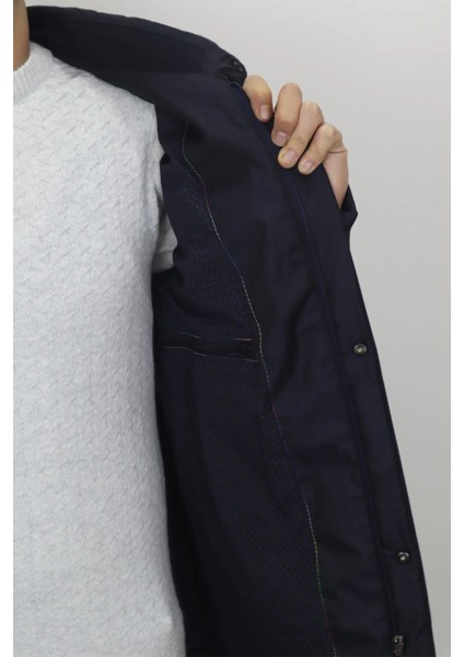 Fistan Store Erkek Lacivert Hakim Yaka Normal Kalıp Fermuar ve Çıtçıt Kapamalı Kışlık Mont modelleri