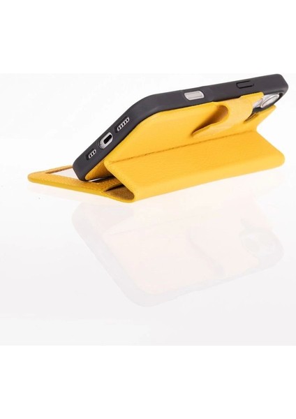 Apple iPhone 16 Plus Uyumlu, Hakiki Deri, El Yapımı, Cüzdanlı Kılıf, Limon Sarı