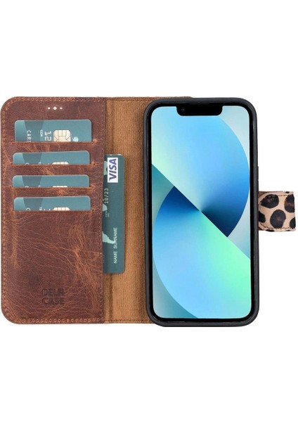 Apple iPhone 13 Pro Uyumlu Deri Cüzdanlı Kılıf Leopar Desen