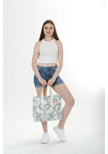 Baghashtag Krem Çiçek Baskılı Gabardin Bez Çanta