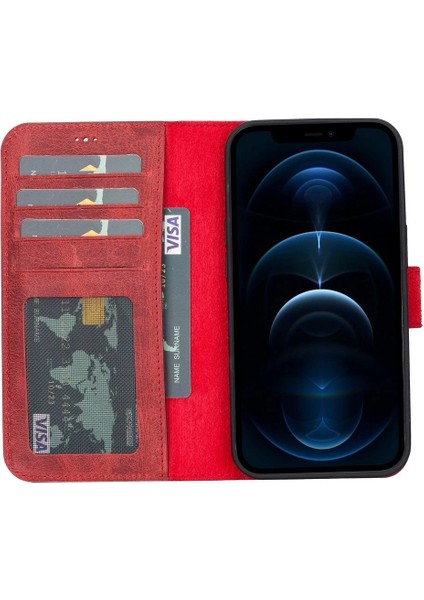 Apple iPhone 13 Pro Uyumlu Deri Cüzdanlı Kılıf Liluri G4 Kırmızı
