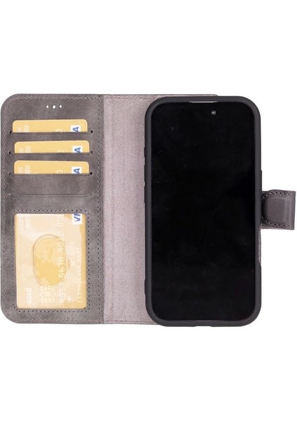 Apple iPhone 16 Plus Uyumlu, Hakiki Deri, El Yapımı, Cüzdanlı Kılıf, Gölgeli Gri