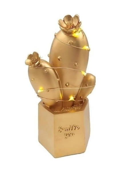 LED Işıklı Sevimli Kaktüs Dekoratif Masa Lambası Mini Biblo Gece Lambası Gold