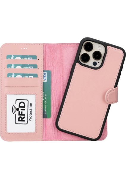 Apple iPhone 15 Pro Max Uyumlu Deri Cüzdanlı Kılıf Mwwn Nu2 Pembe