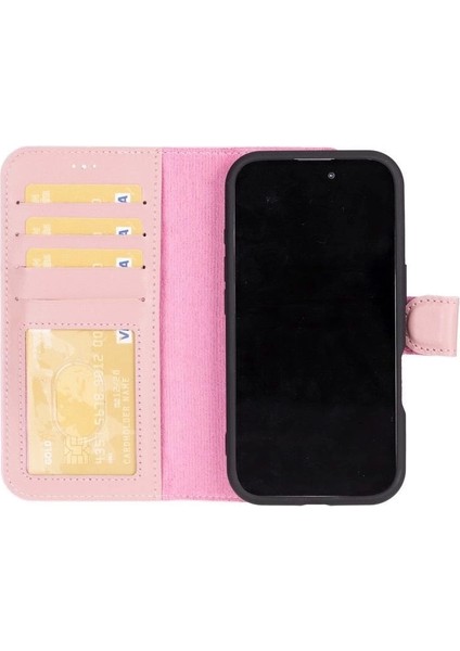 Apple iPhone 16 Plus Uyumlu, Hakiki Deri, El Yapımı, Cüzdanlı Kılıf, Toz Pembe