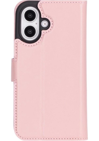 Apple iPhone 16 Plus Uyumlu, Hakiki Deri, El Yapımı, Cüzdanlı Kılıf, Toz Pembe