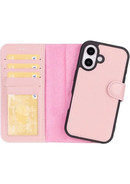 Apple iPhone 16 Plus Uyumlu, Hakiki Deri, El Yapımı, Cüzdanlı Kılıf, Toz Pembe