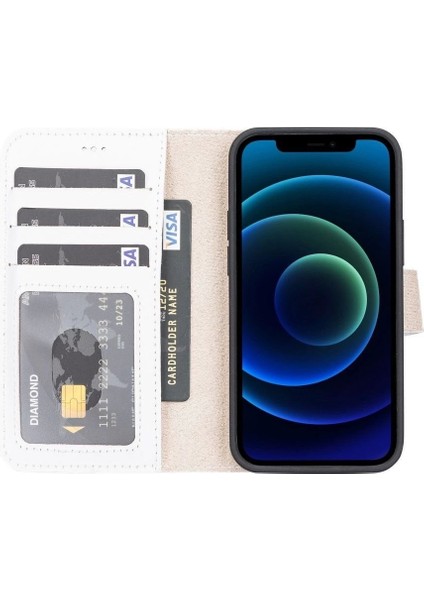 Apple iPhone 13 Mini Uyumlu Deri Cüzdanlı Kılıf F3 Beyaz