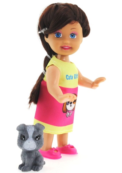 Cute Girl Gri Köpekli ve Kumral Mini Bebek