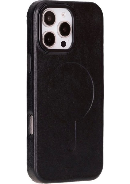 Apple iPhone 16 Pro Max Uyumlu, Hakiki Deri, El Yapımı Kılıf, Parlak Siyah