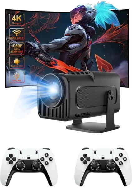 Çift Kollu Game Box Projeksiyon Cihazı Kumandalı Android Tv Dahili Hoparlör