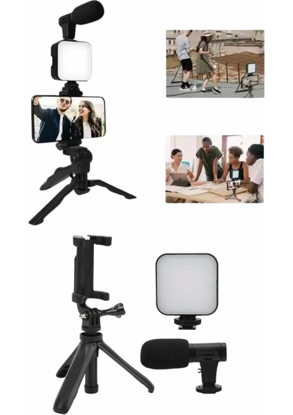 Telefon Tutucu Mini Mikrofonlu Tripod Vlog Çekim Video