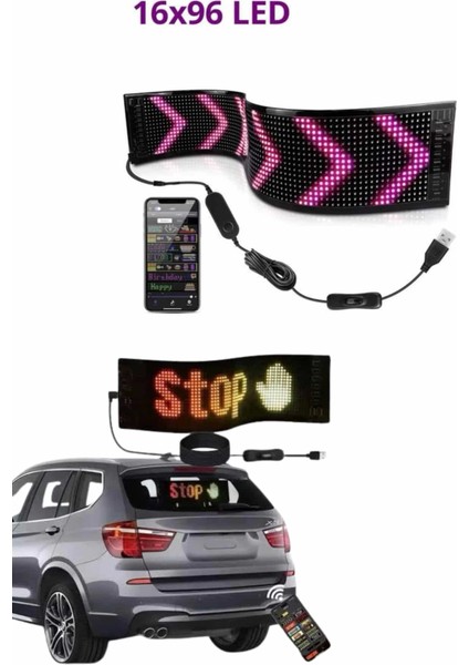 Cama Yapışan En Büyük Boy 16X96 Telefon Kontrollü LED Ekran Digital Araba Yazısı