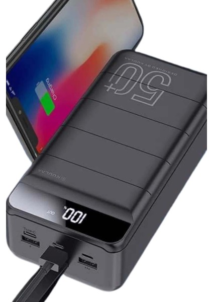 Taşınabilir Powerbank 50.000 Mah 4 Girişli Hızlı Şarj LED Göstergeli Fenerli Şarj