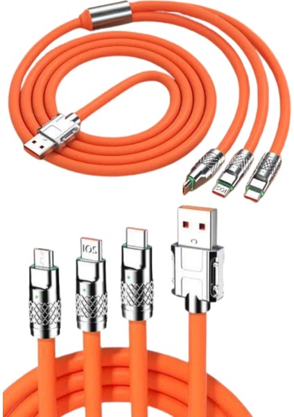 120W 3 In 1 Uyumlu Silikon Şarj Kablosu Hızlı Şarj Kablosu
