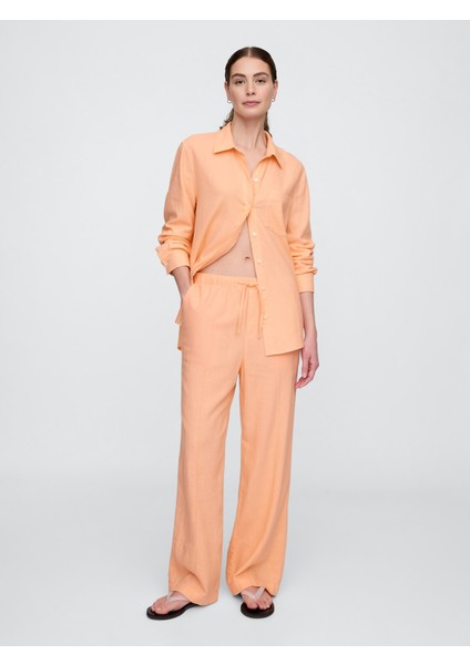 Kadın Turuncu Mid Rise Keten Karışımlı Pull-On Wide-Leg Pantolon