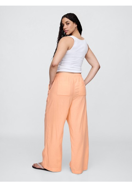 Kadın Turuncu Mid Rise Keten Karışımlı Pull-On Wide-Leg Pantolon modelleri