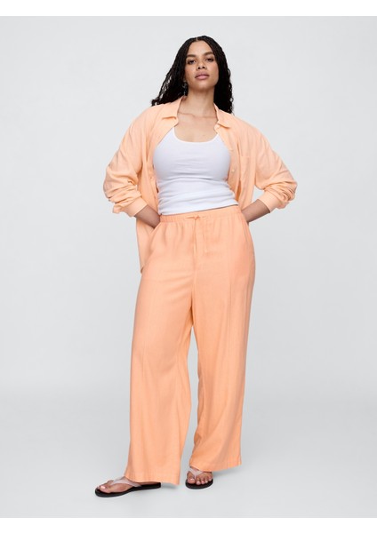 Kadın Turuncu Mid Rise Keten Karışımlı Pull-On Wide-Leg Pantolon fırsatları