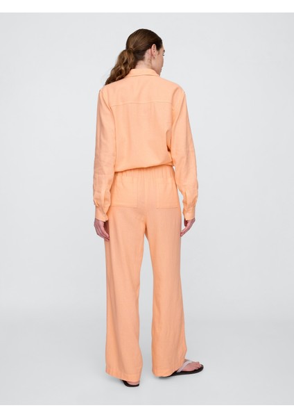 Kadın Turuncu Mid Rise Keten Karışımlı Pull-On Wide-Leg Pantolon indirimleri