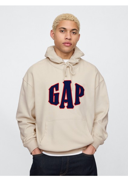 Erkek Krem Vintagesoft Oversize Gap Logo Kapüşonlu Sweatshirt