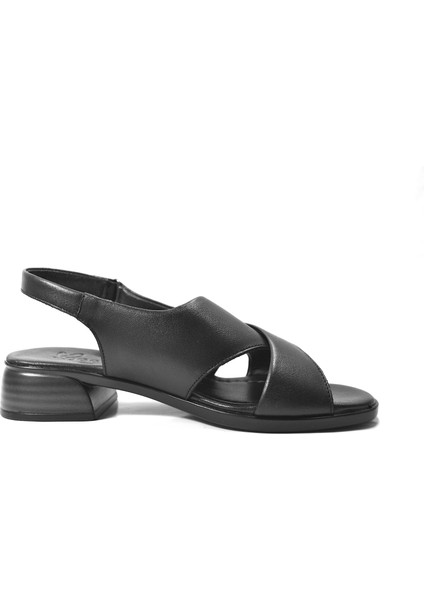 10215 Hakiki Deri Bej & Siyah Anatomik Kısa Topuklu Kadın Sandalet modelleri