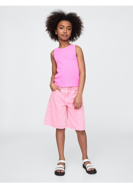 Kız Çocuk Pembe Mid Rise Longline Denim Şort
