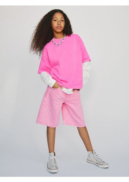Kız Çocuk Pembe Mid Rise Longline Denim Şort fiyatları