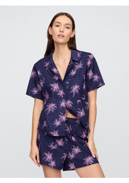 Kadın Koyu Mavi Gapbody Poplin Kısa Kollu Pijama Üstü