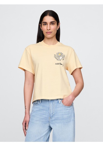 Kadın Açık Sarı Keith Haring Relaxed Grafik T-Shirt