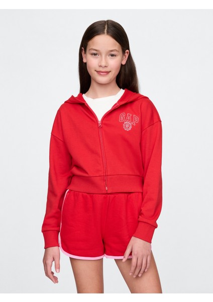Kız Çocuk Kırmızı Vintagesoft Crop Gap Logo Fermuarlı Sweatshirt