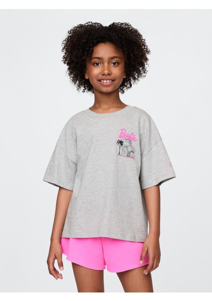 Kız Çocuk Açık Gri Barbie Oversized Grafik Baskılı T-Shirt