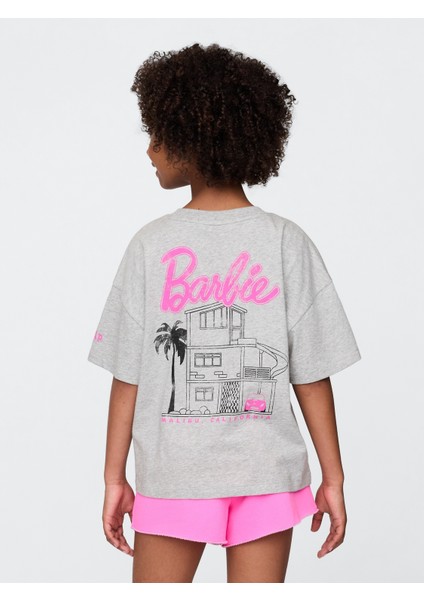 Kız Çocuk Açık Gri Barbie Oversized Grafik Baskılı T-Shirt modelleri
