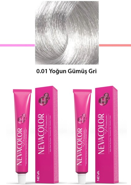 2 Li Set Premium 0.01 Yoğun Gümüş Gri - Kalıcı Krem Saç Boyası 2 x 50 gr Tüp