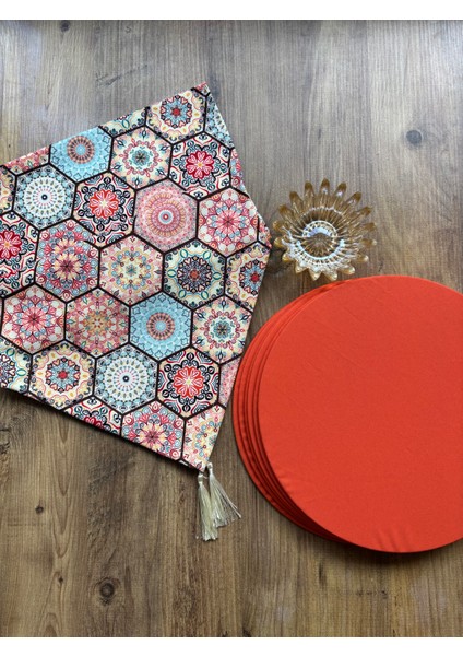 Soft Altıgen Duck Keten Runner ve Turuncu 6'lı Supla Seti