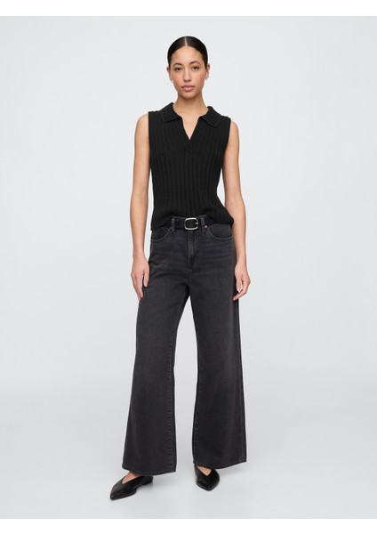 Kadın Siyah Polo Yaka Kolsuz Bluz fırsatları