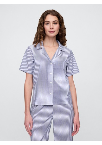 Kadın Mavi Gapbody Poplin Kısa Kollu Pijama Üstü