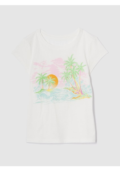 Kız Çocuk Beyaz Grafik Baskılı T-Shirt