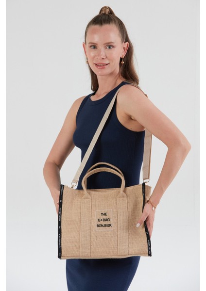 Yazı Nakışlı Fermuarlı Hasır Kol Çantası