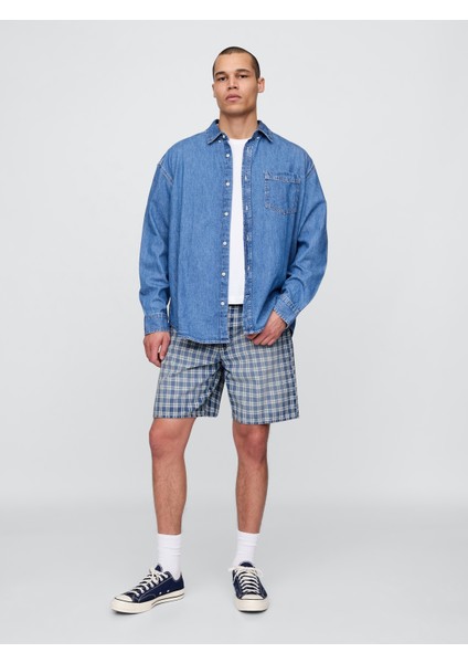 Erkek Açık Mavi '90S Loose Denim Kareli Şort