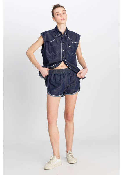 %100 Pamuk Relaxed Fit Geniş Kesim Normal Bel Koyu Mavi Denim Şort
