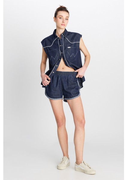 %100 Pamuk Relaxed Fit Geniş Kesim Normal Bel Koyu Mavi Denim Şort